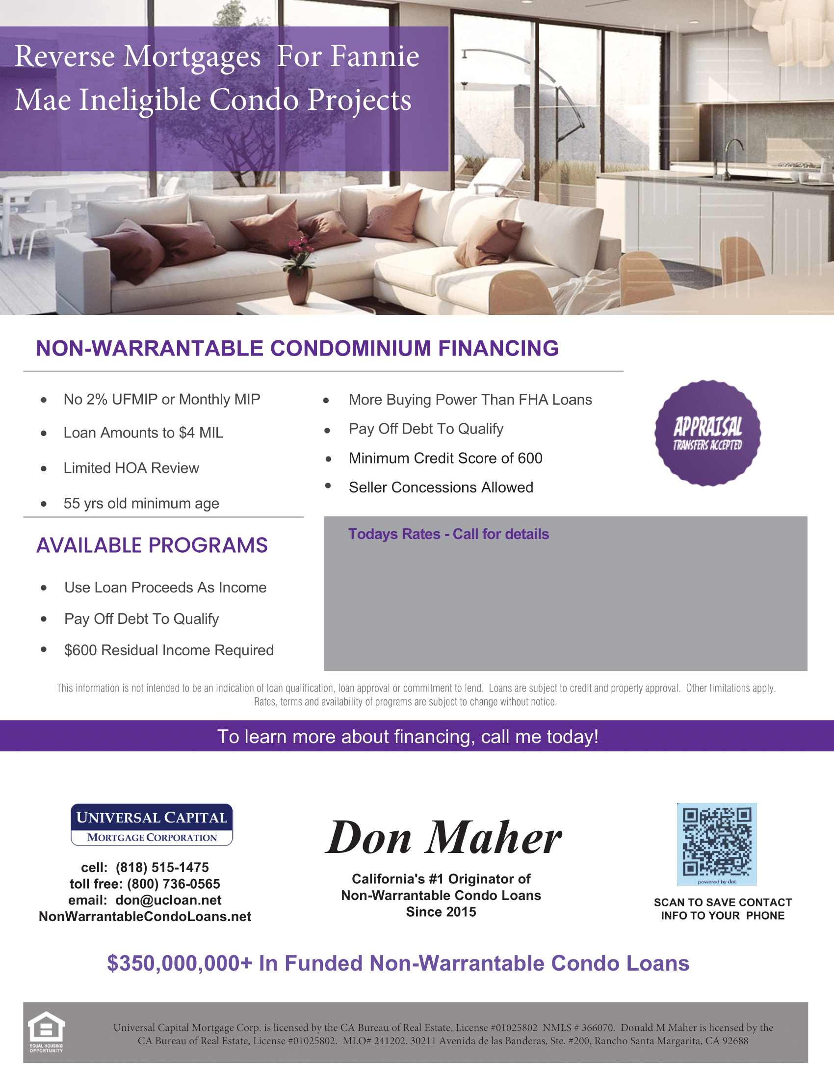 Alt text: Flyer advertising reverse mortgages for non-warrantable condos, highlighting no monthly MIP, loan amounts up to $4M, and appraisal transfer acceptance.