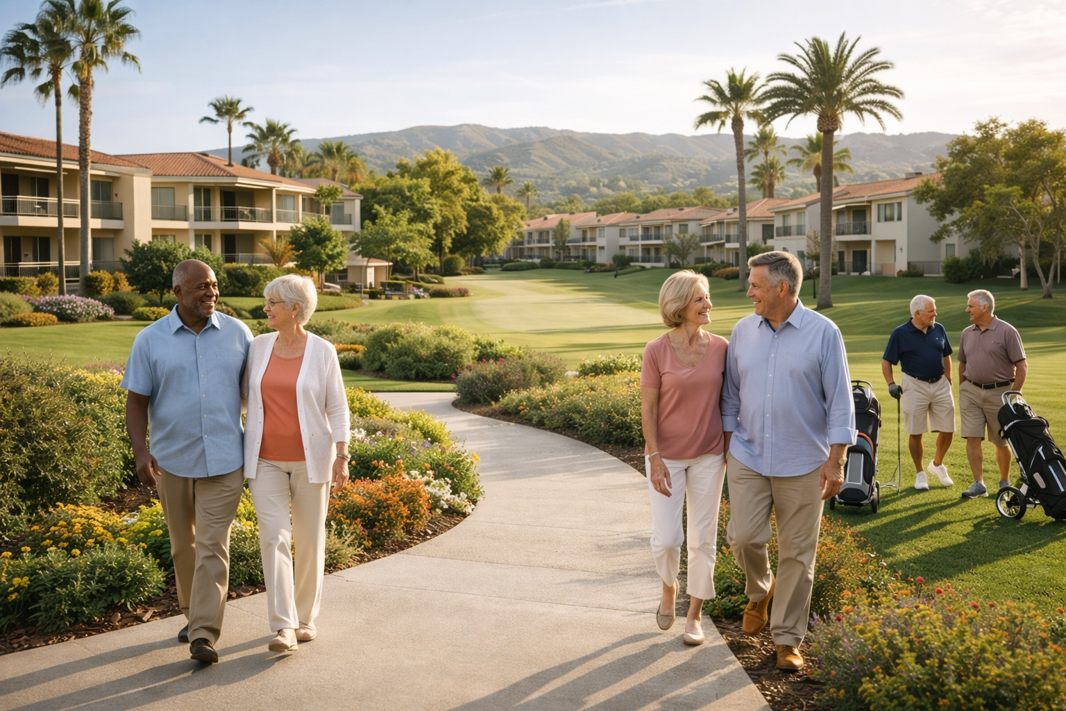 Seniors stroll on a golf course path, smiling, with lush greenery and condos in the background. A relaxed, sunny day with palm trees and mountains.